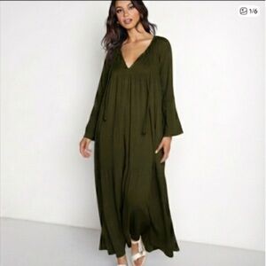 9seed Majora Dahlia Long Sleeve Cotton Maxi Dress Forest Green Size Small